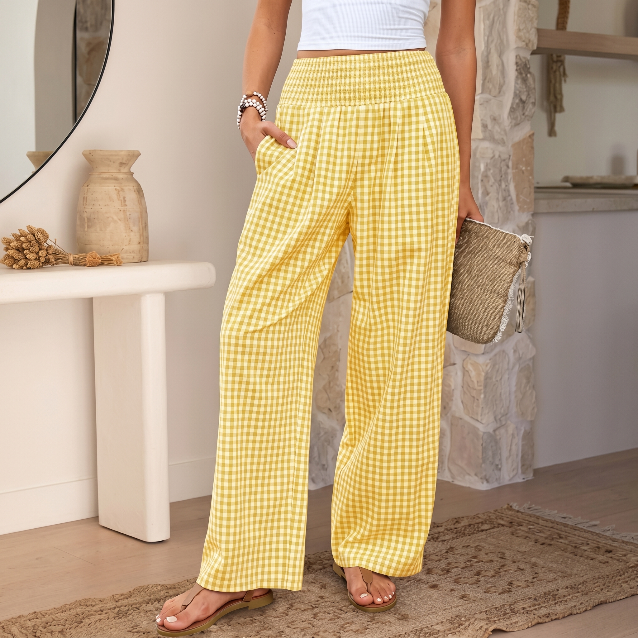 Striped And Gingham Lounge Casual Wide Leg Pants For Women