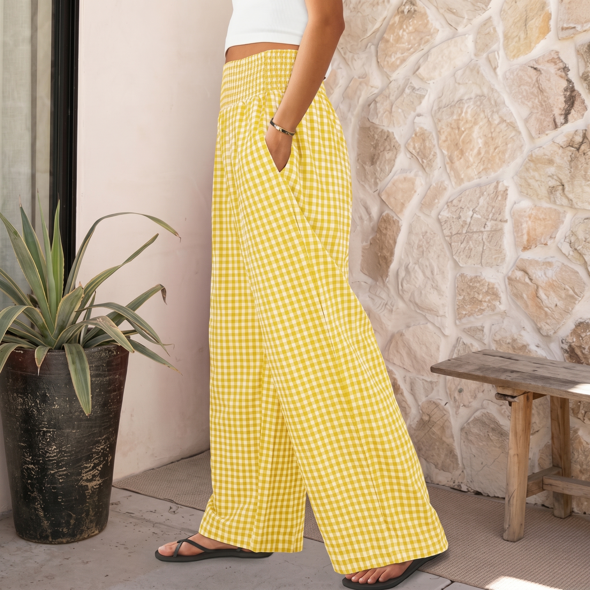 Striped And Gingham Lounge Casual Wide Leg Pants For Women