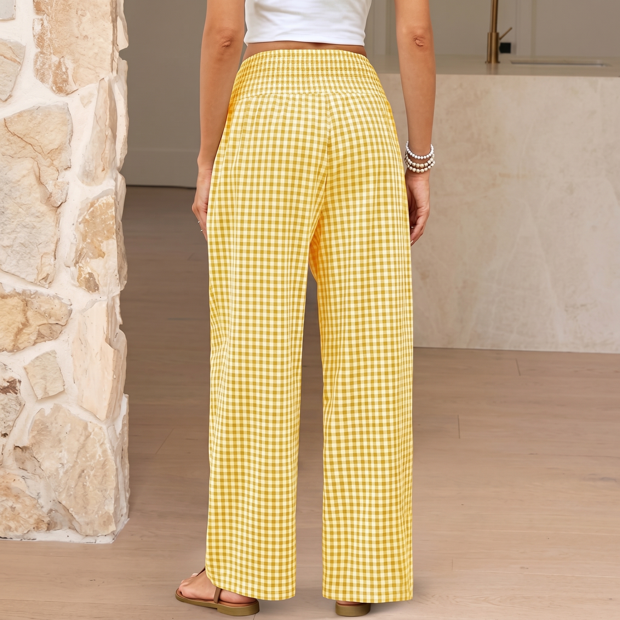 Striped And Gingham Lounge Casual Wide Leg Pants For Women