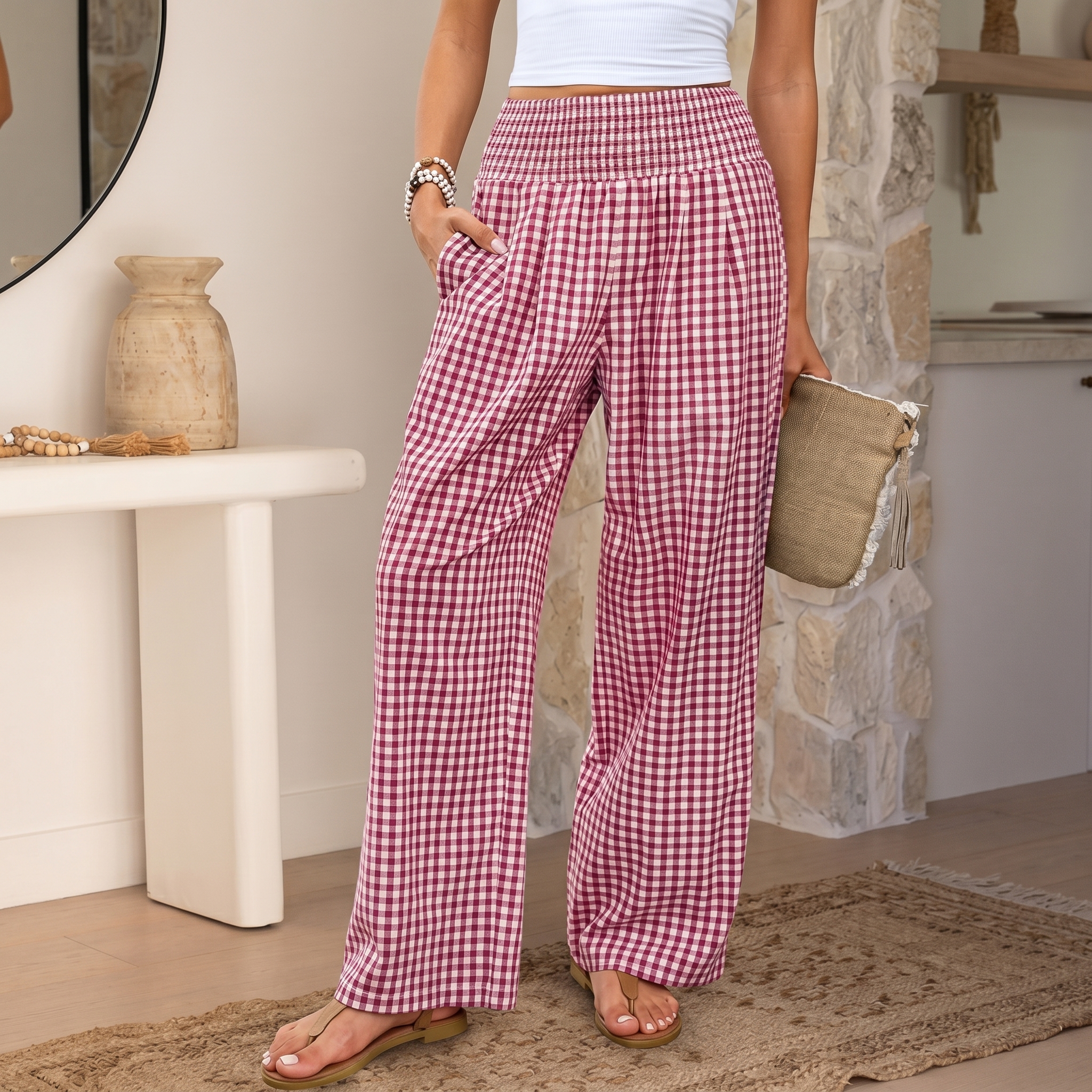 Striped And Gingham Lounge Casual Wide Leg Pants For Women