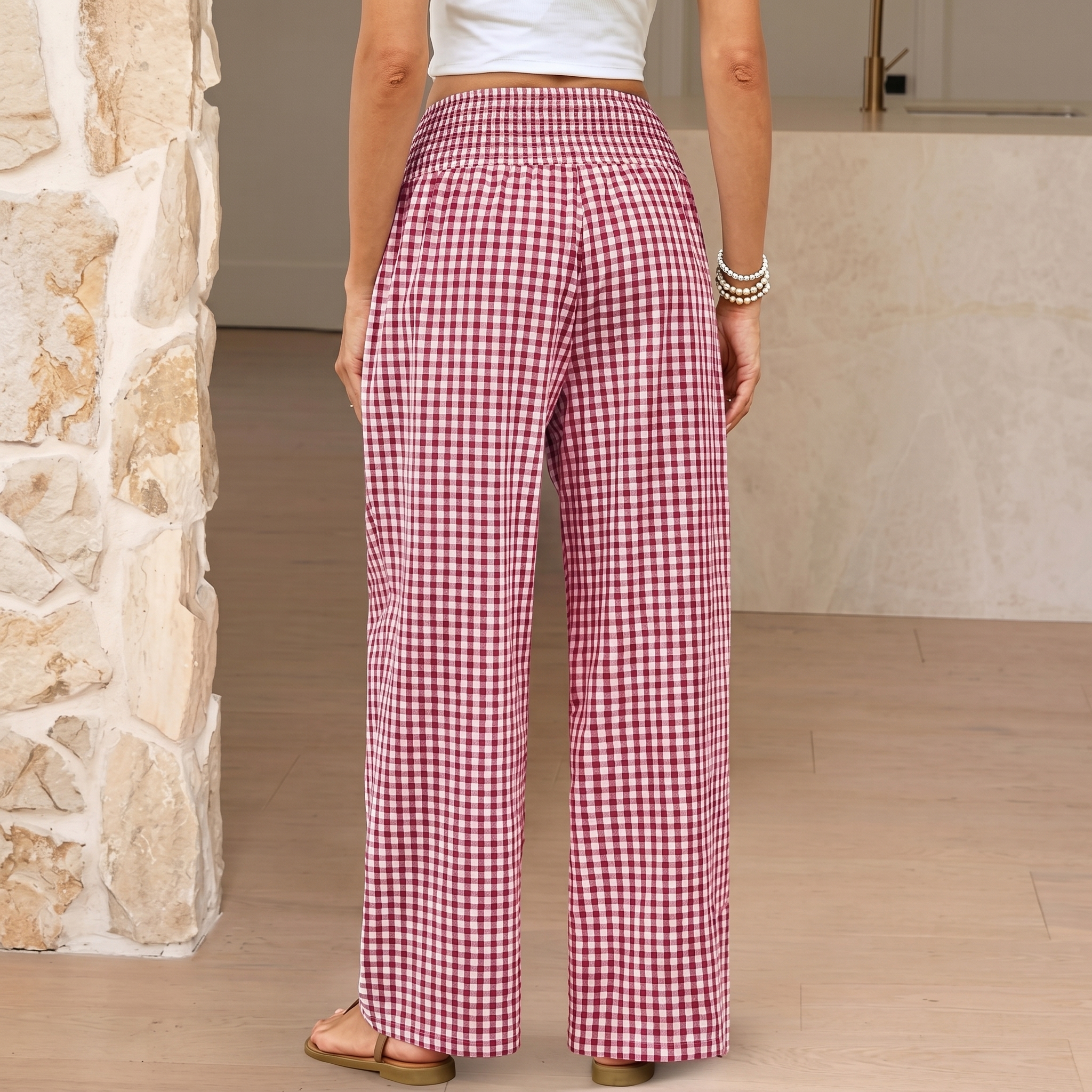 Striped And Gingham Lounge Casual Wide Leg Pants For Women