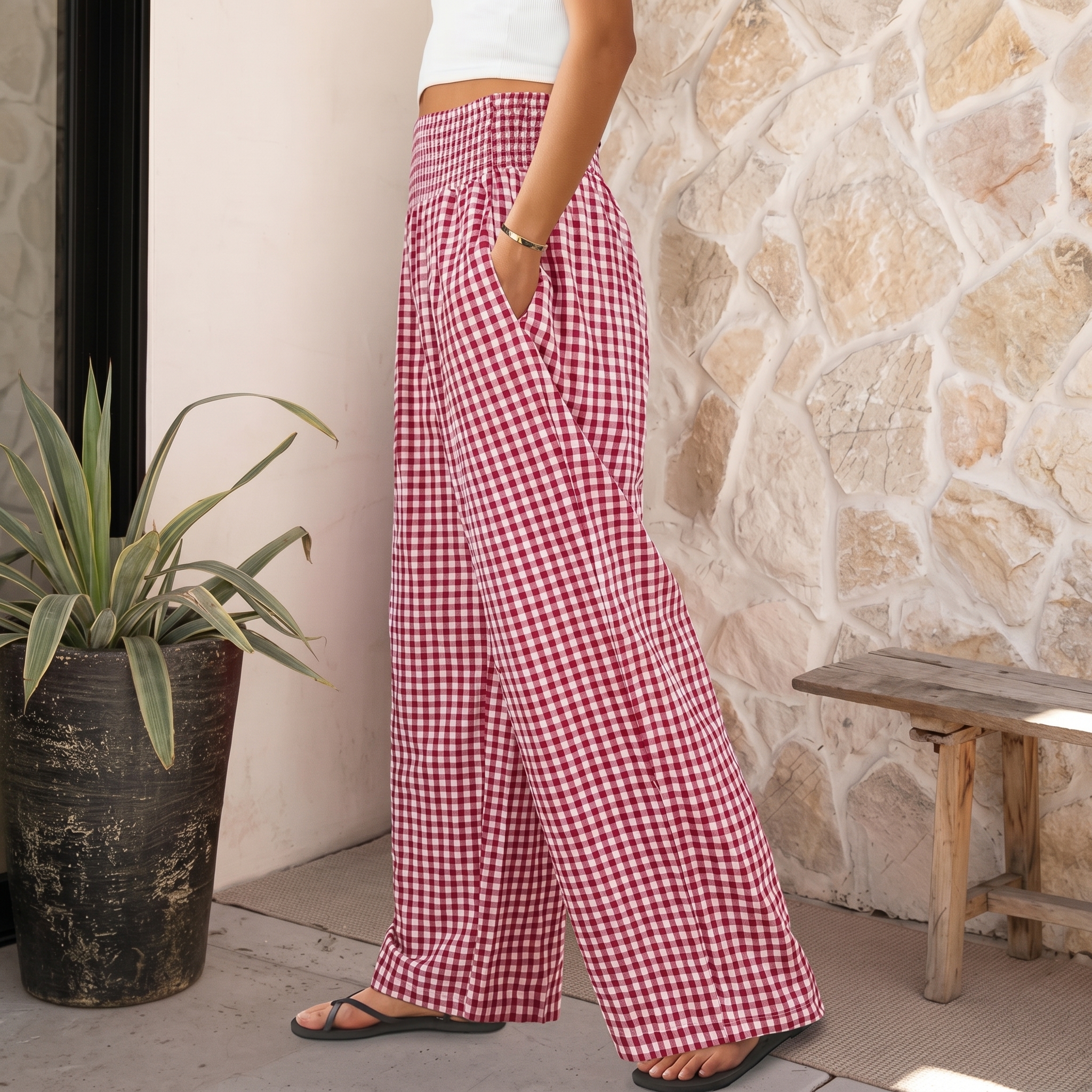 Striped And Gingham Lounge Casual Wide Leg Pants For Women