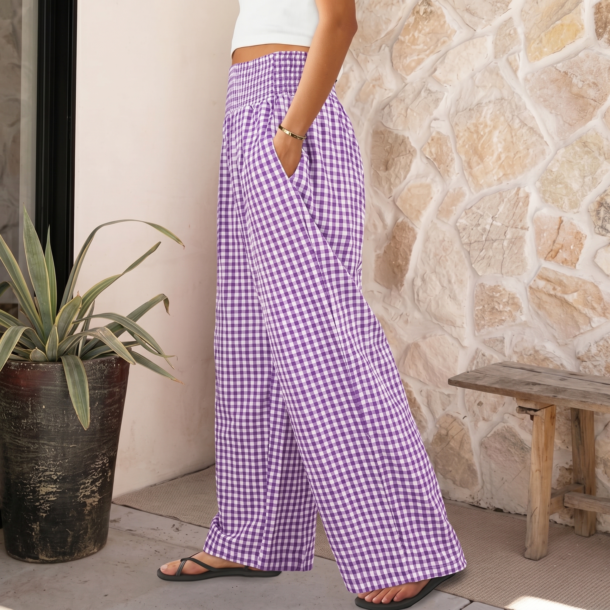 Striped And Gingham Lounge Casual Wide Leg Pants For Women