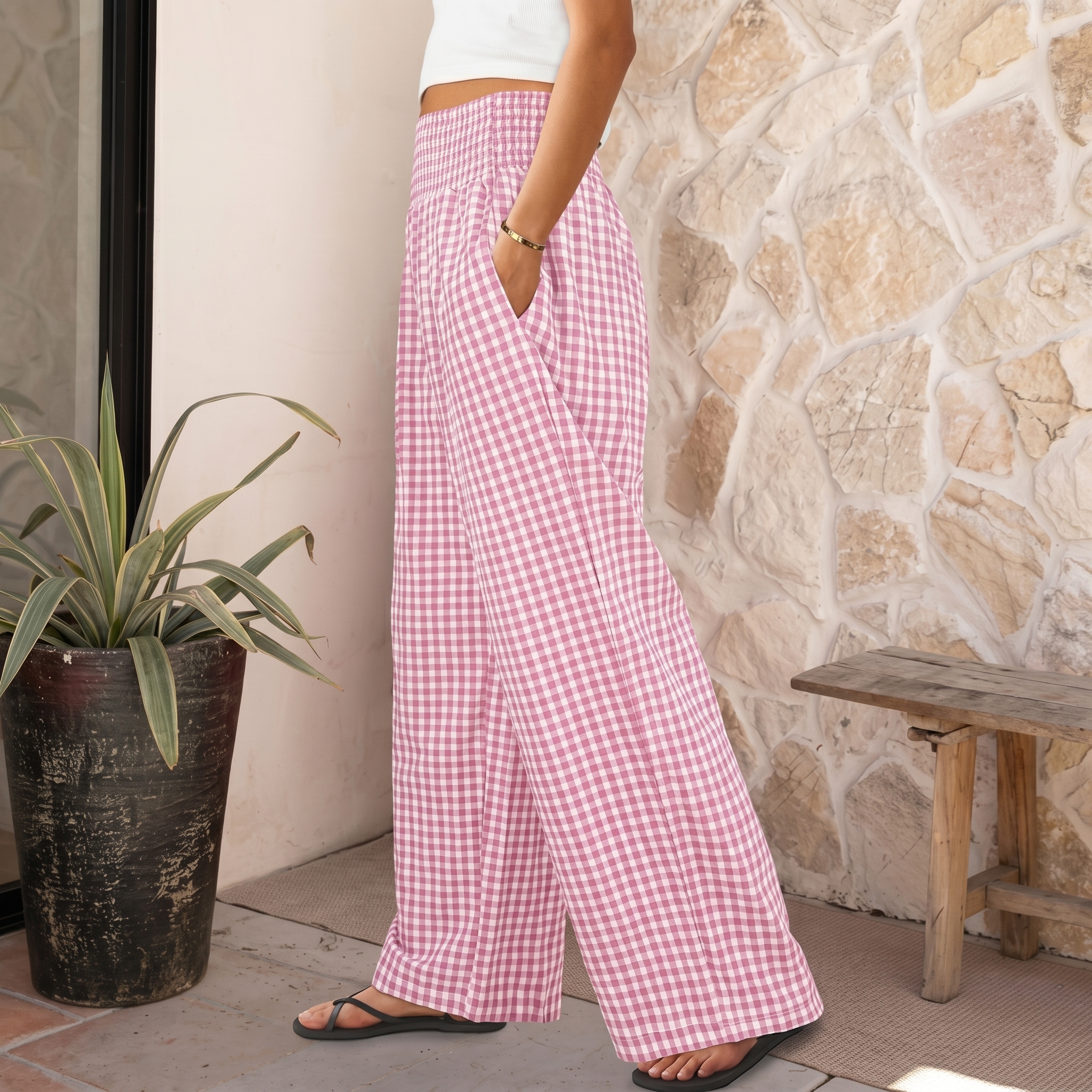 Striped And Gingham Lounge Casual Wide Leg Pants For Women