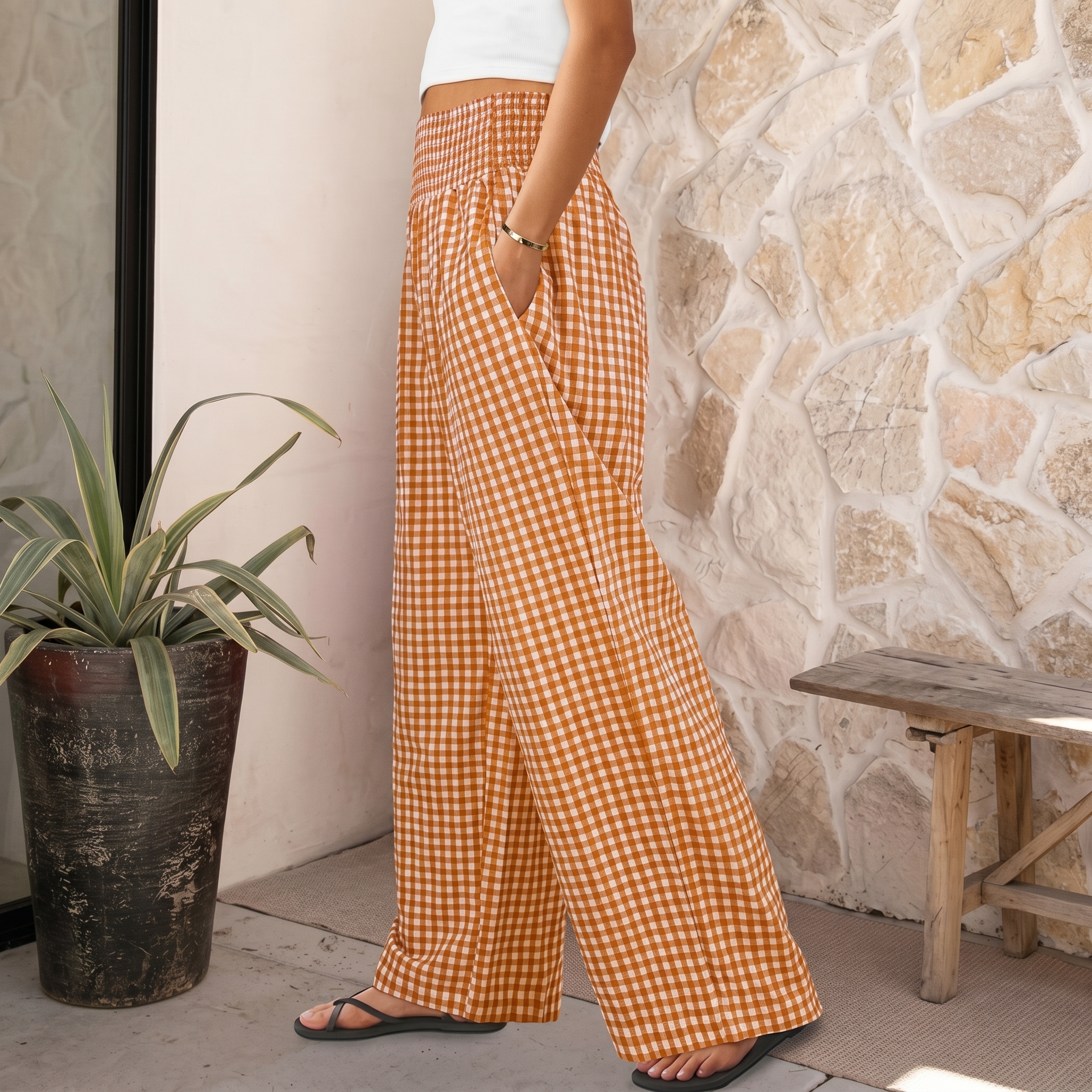 Striped And Gingham Lounge Casual Wide Leg Pants For Women