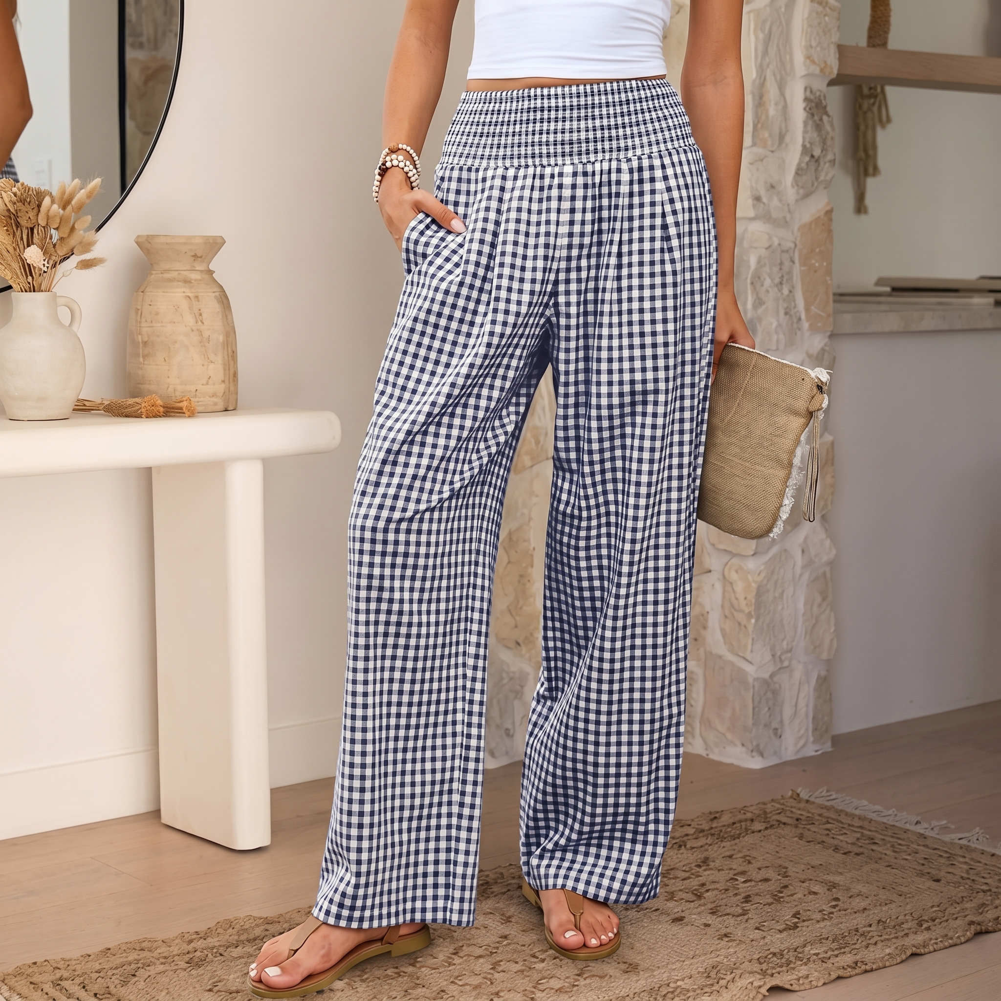 Striped And Gingham Lounge Casual Wide Leg Pants For Women