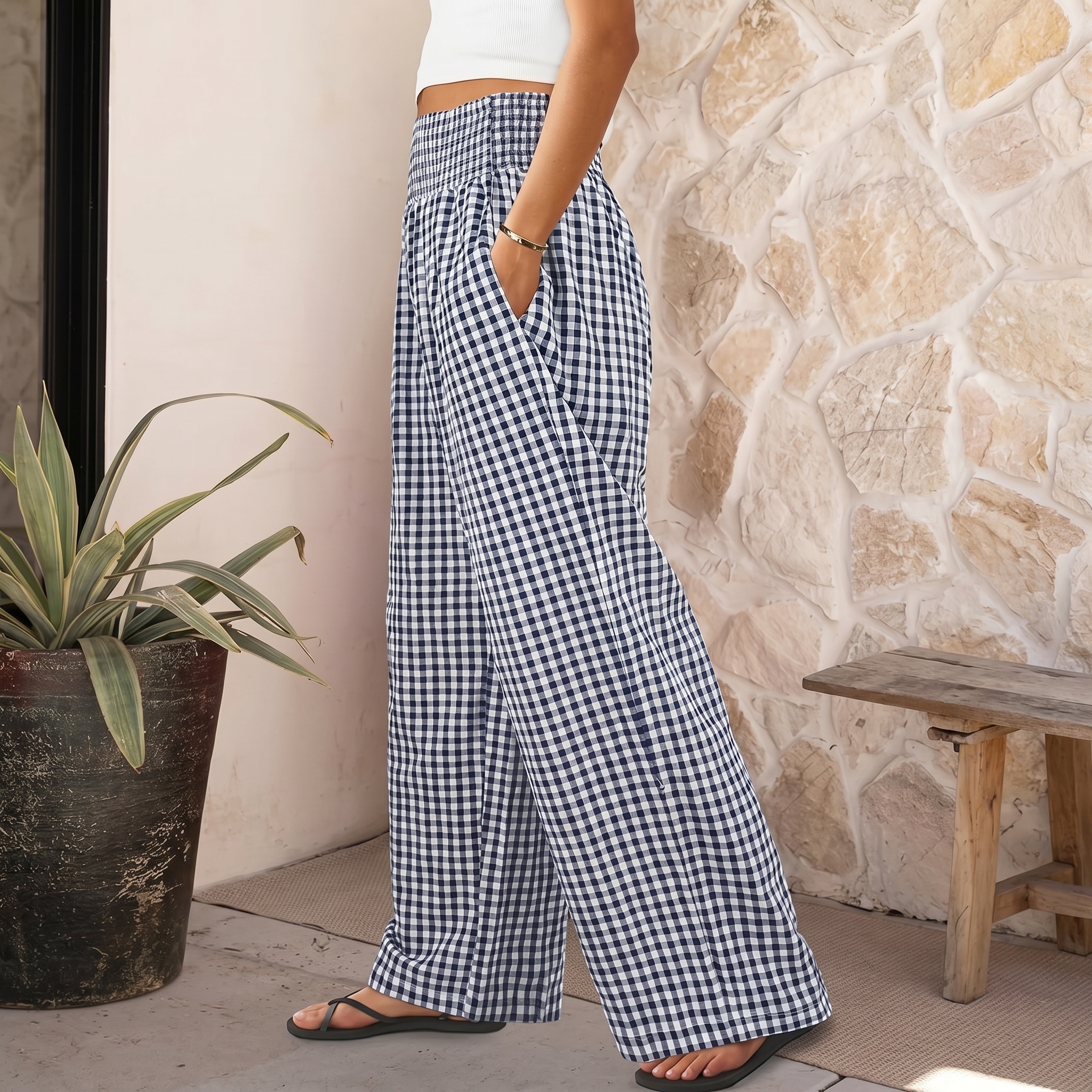 Striped And Gingham Lounge Casual Wide Leg Pants For Women