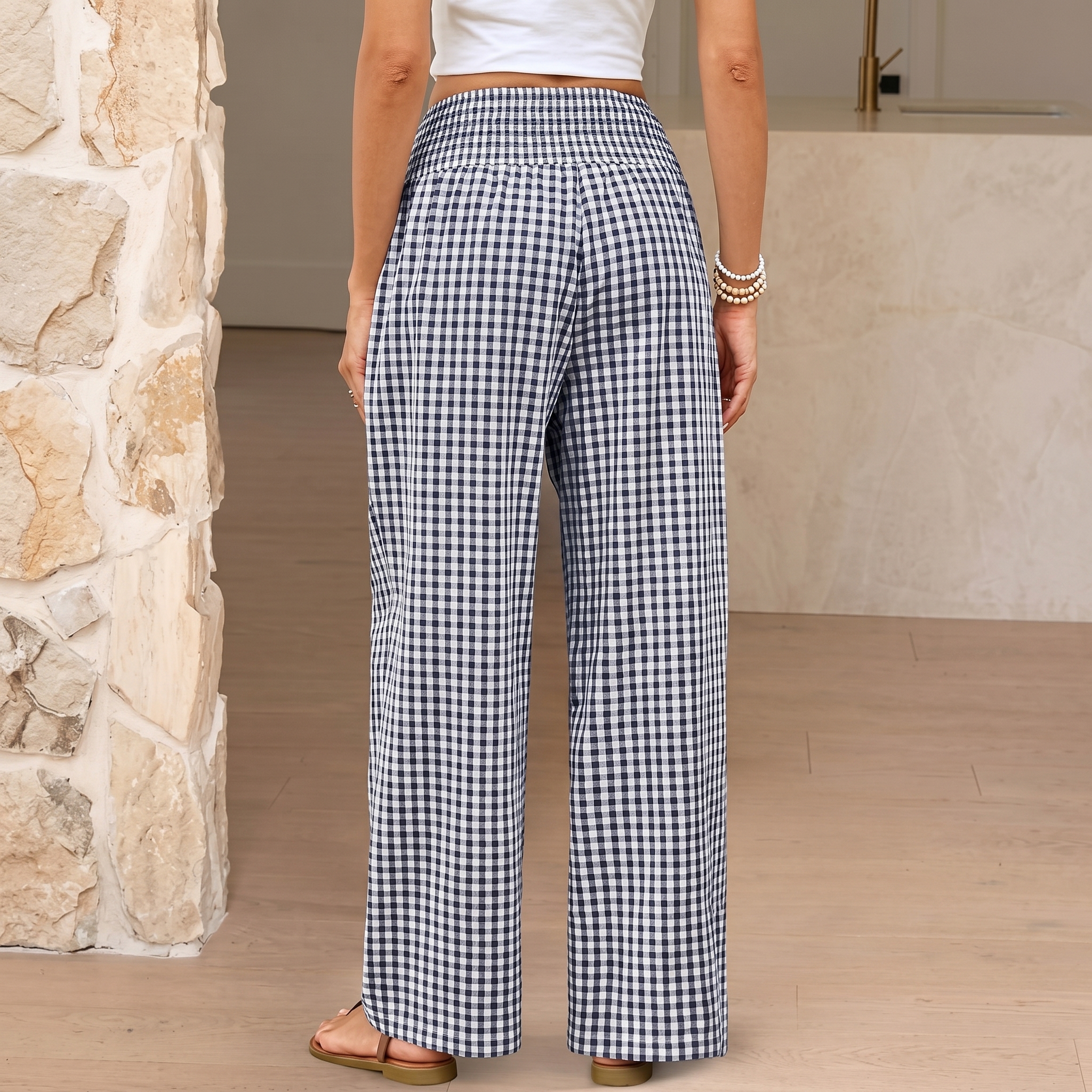 Striped And Gingham Lounge Casual Wide Leg Pants For Women