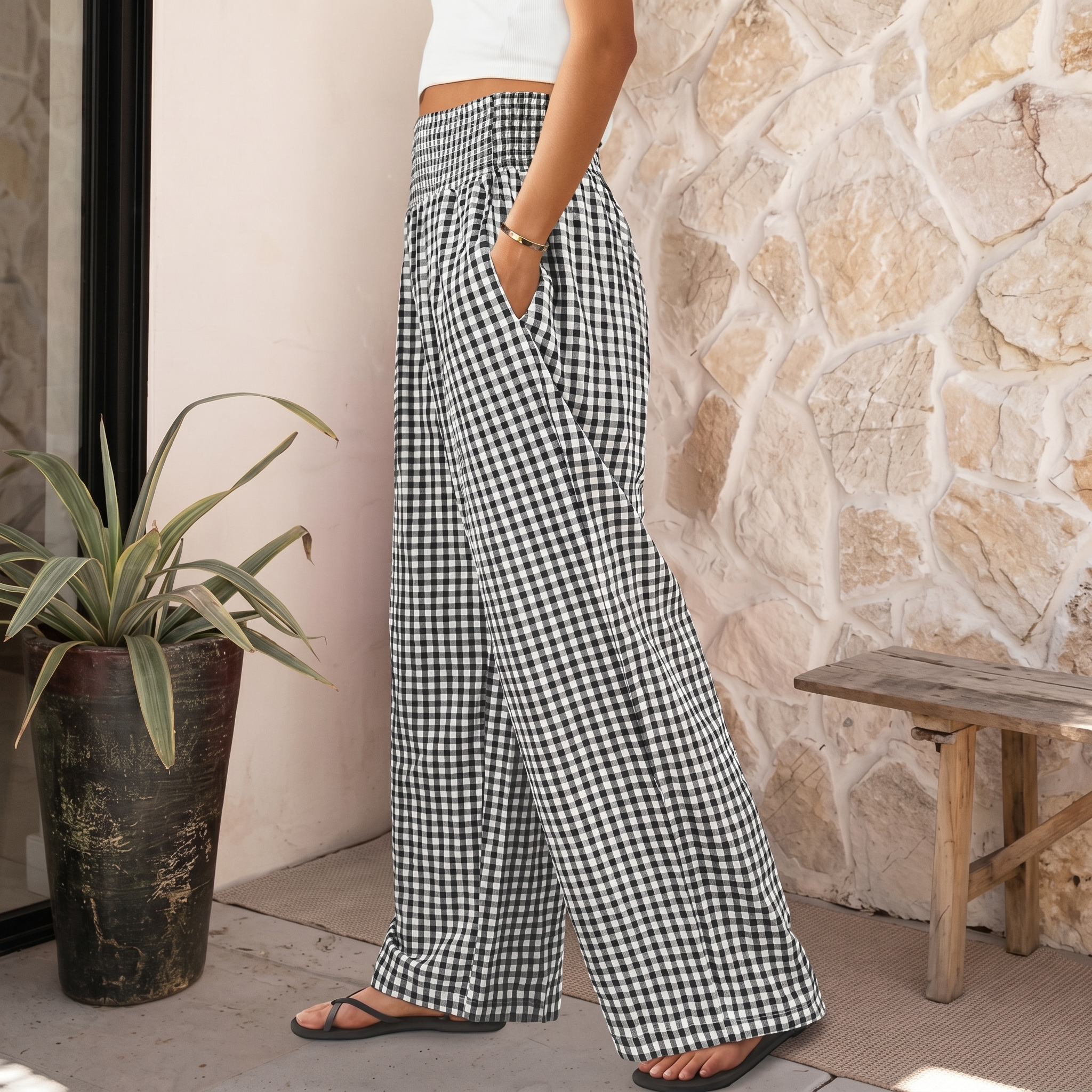 Striped And Gingham Lounge Casual Wide Leg Pants For Women