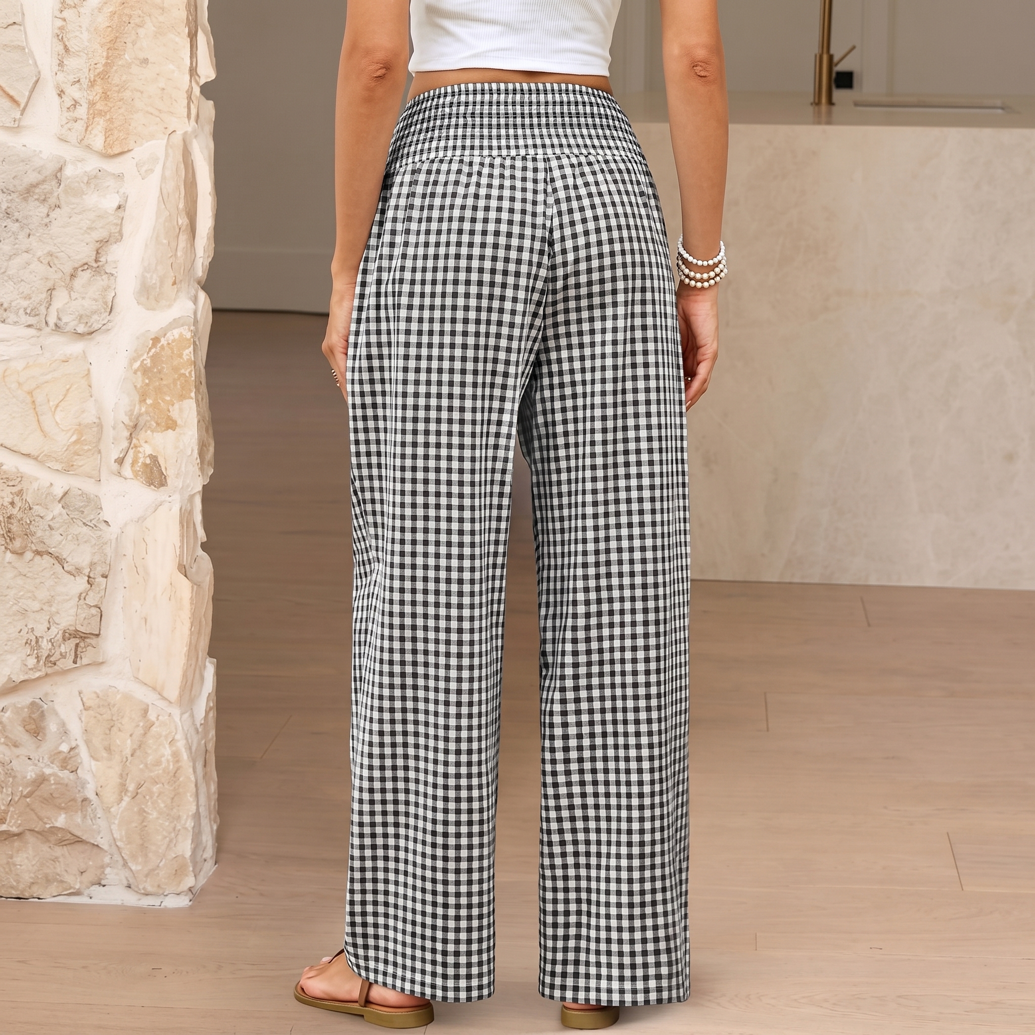Striped And Gingham Lounge Casual Wide Leg Pants For Women