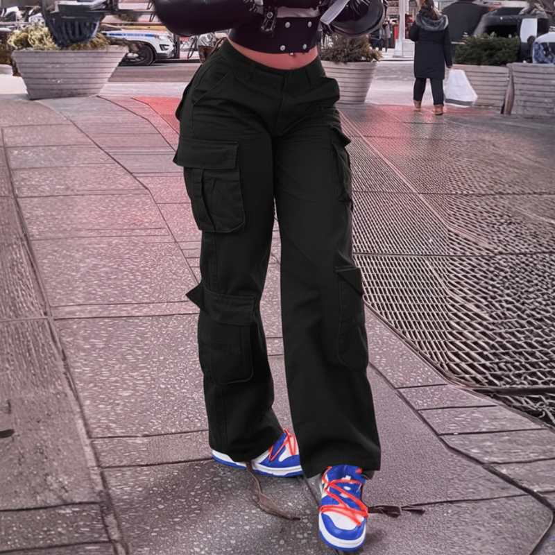 High Rise Cargo Pants With Multiple Pockets And Loose Fit