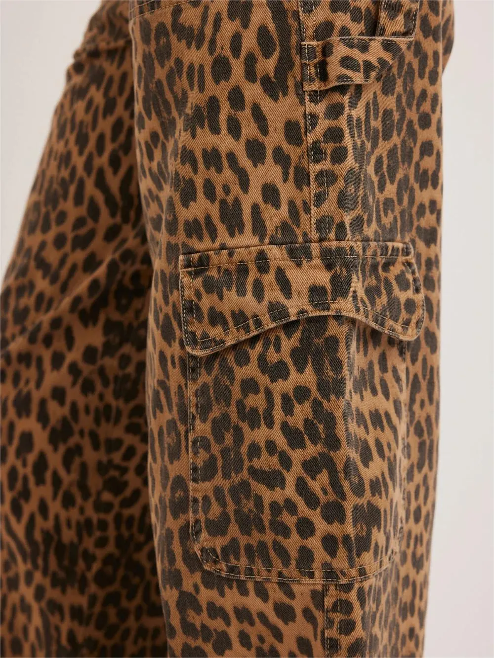 Leopard Print Cargo Jeans - Front View