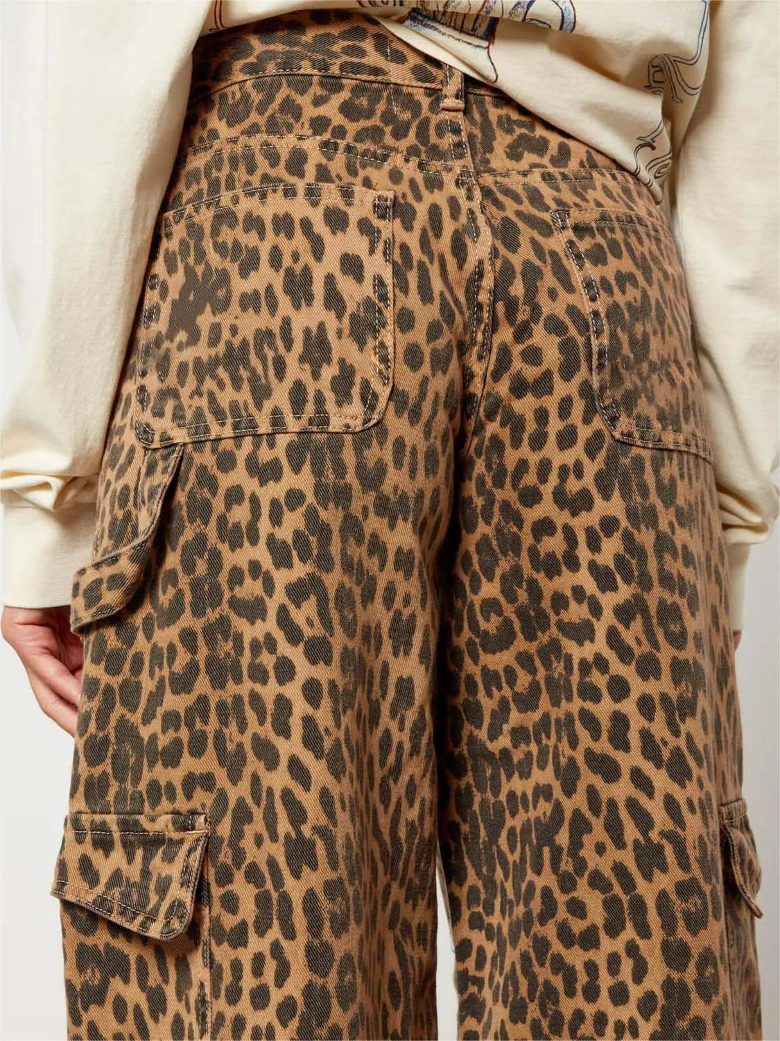 Leopard Print Cargo Jeans - Side View