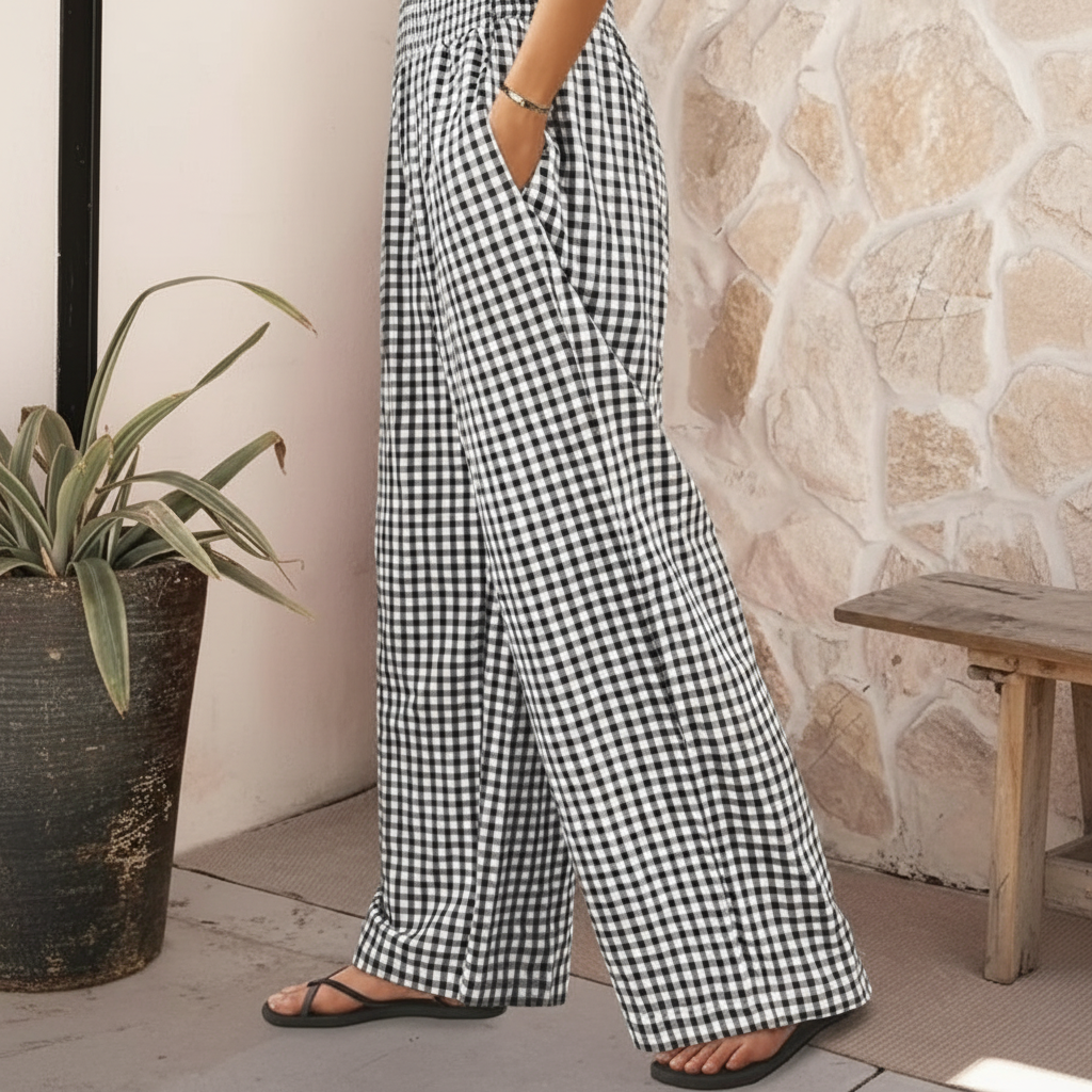 Wide Vertical Gingham Palazzo Pants For Women – back view detail