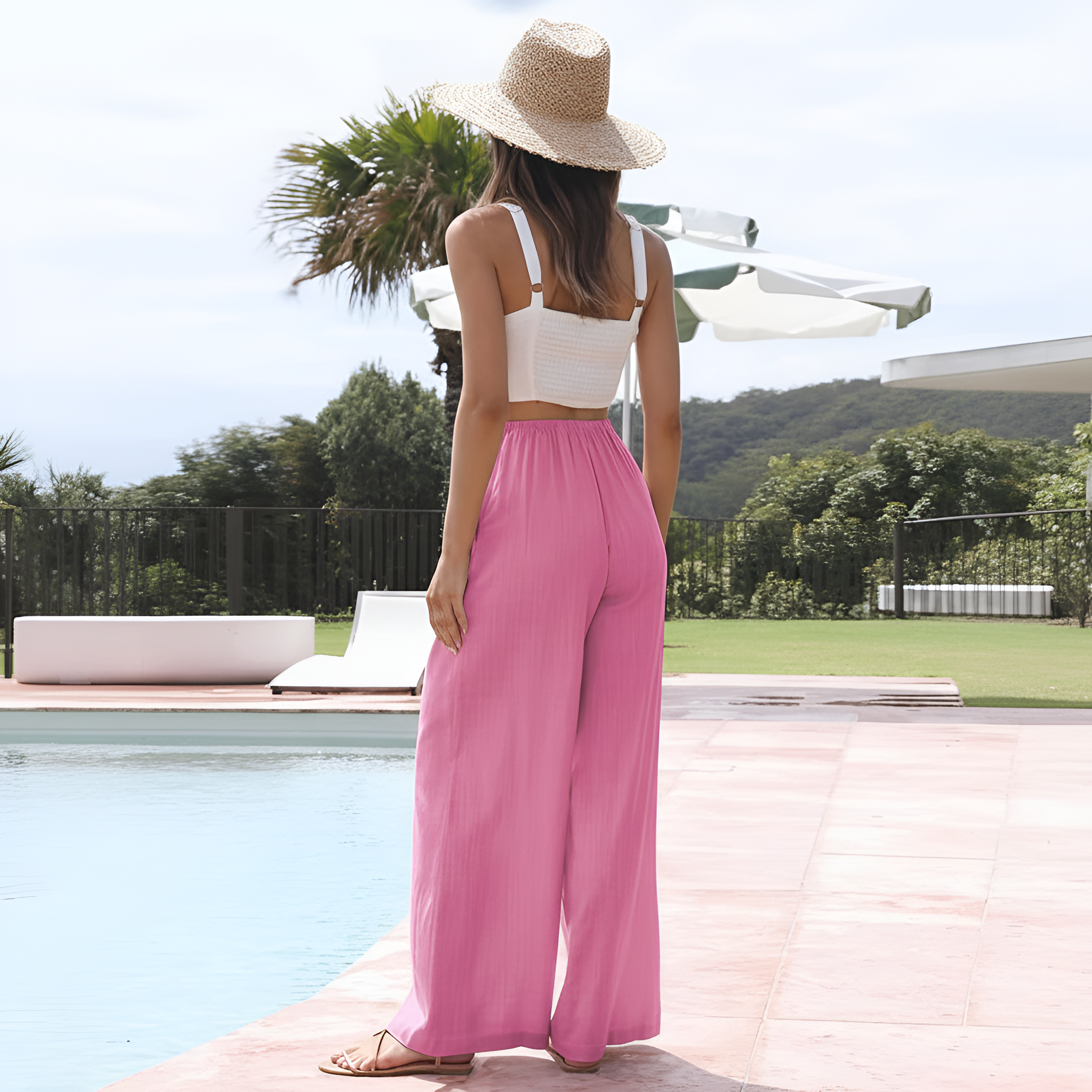 Flowy Summer Wide Fit Beach Palazzo Pants With Pockets For Women – styled outfit view