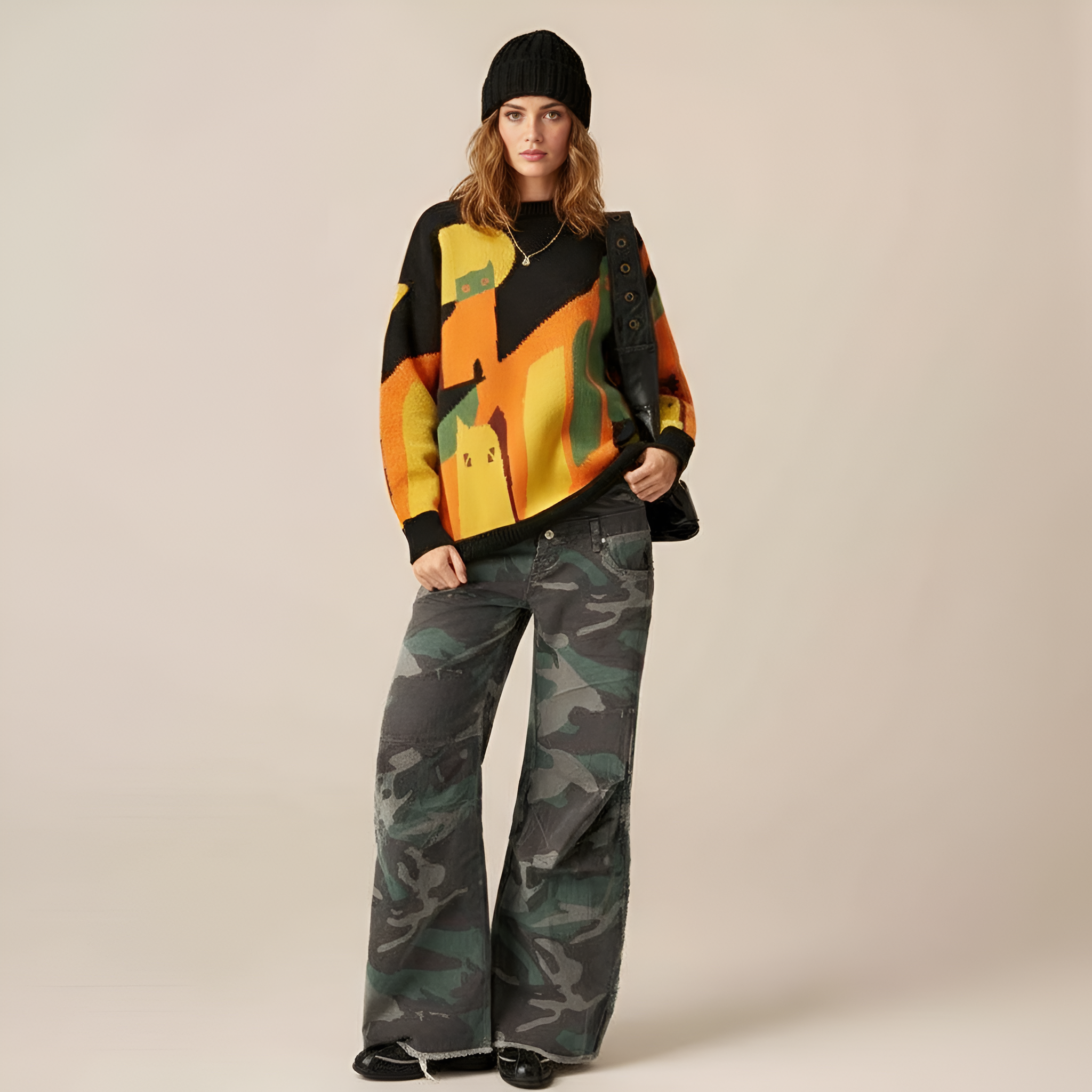 Baggy Barrel Camo Cargo Pants With Double Waistband - Trendy Streetwear – pocket detail close-up