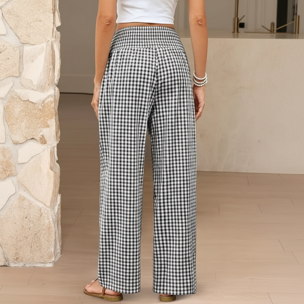 Wide Vertical Gingham Palazzo Pants For Women – pocket detail close-up