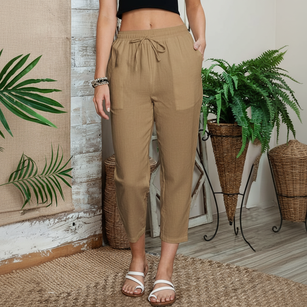Casual Lightweight Pants With Pockets And Drawstring For Women – waistband detail