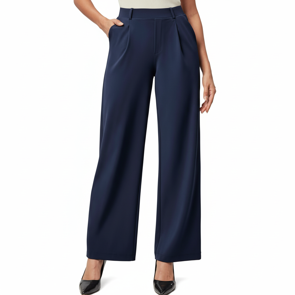 Wide And Stretchable High Waisted Business Casual Trousers With Pockets – model wearing view
