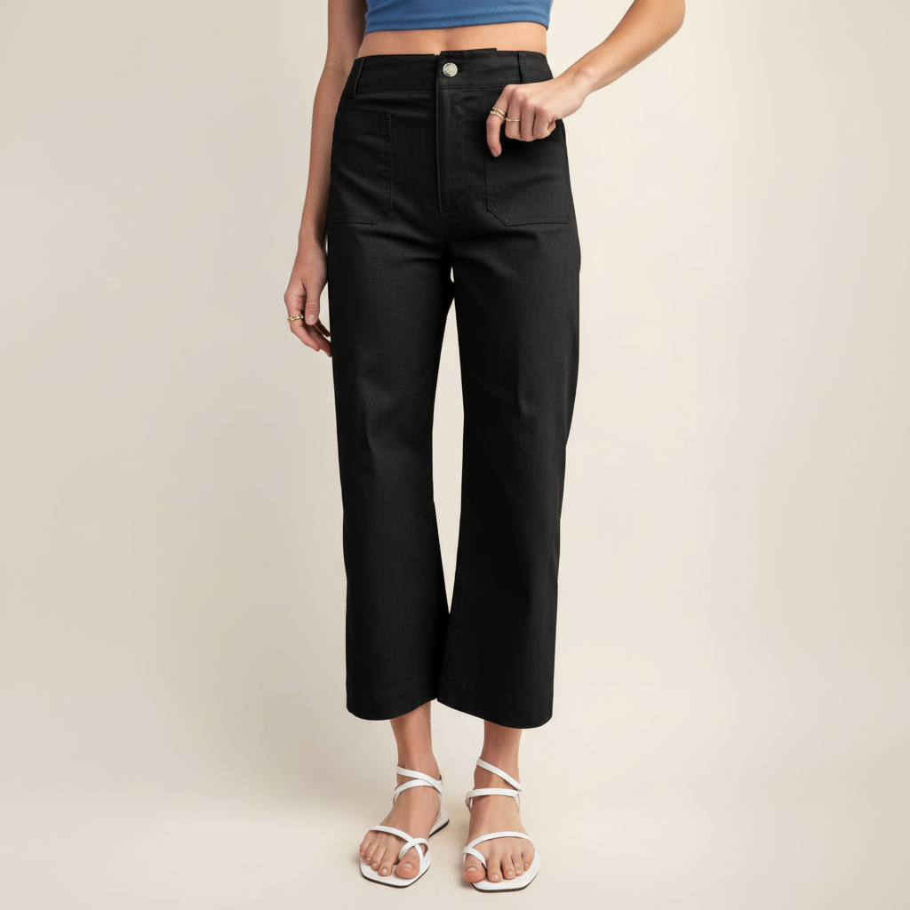 High Rise Cropped Wide Straight Fit Pants With Pockets  – side profile view