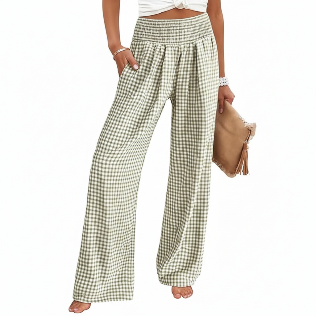 Wide Vertical Gingham Palazzo Pants For Women – full length outfit view
