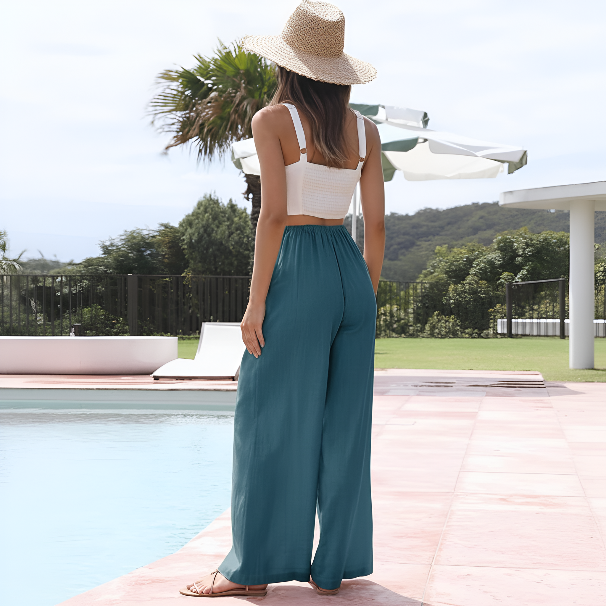 Flowy Summer Wide Fit Beach Palazzo Pants With Pockets For Women – lifestyle view 17