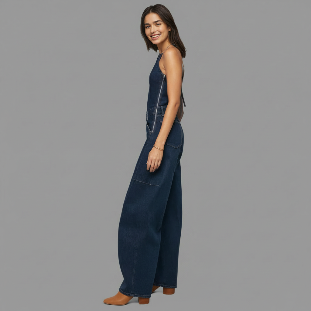 Barrel Denim Jumpsuit With Halter Tie Back For Women – pocket detail close-up