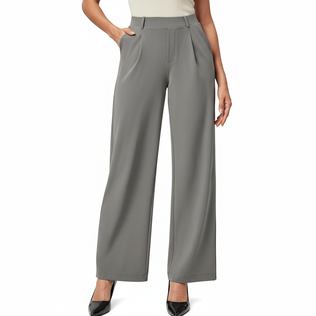 Wide And Stretchable High Waisted Business Casual Trousers With Pockets – fabric detail close-up