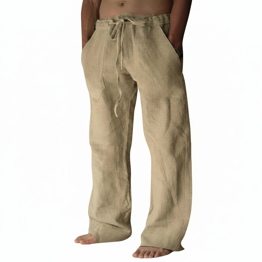 Linen Casual Pants With Drawstring And Loose Fit Style For Men – styled outfit view