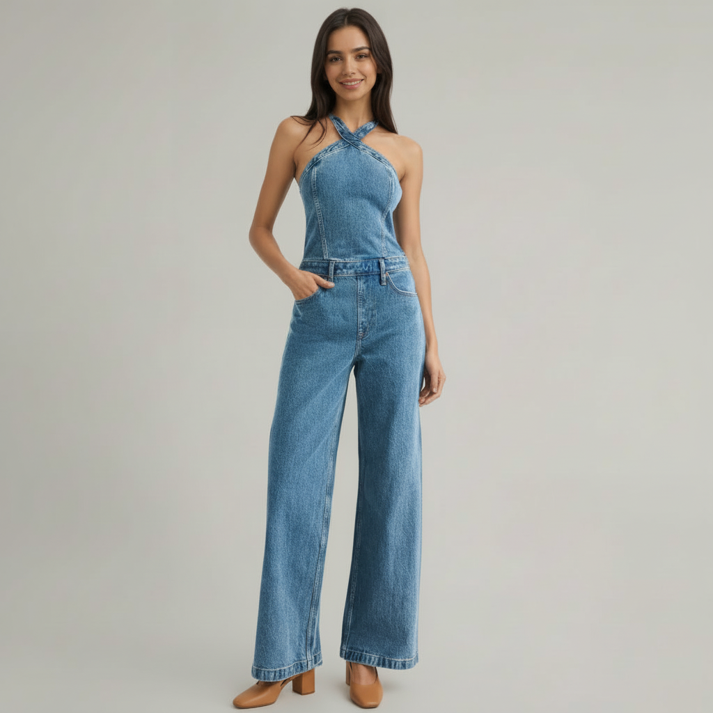 Barrel Denim Jumpsuit With Halter Tie Back For Women – fit and style view