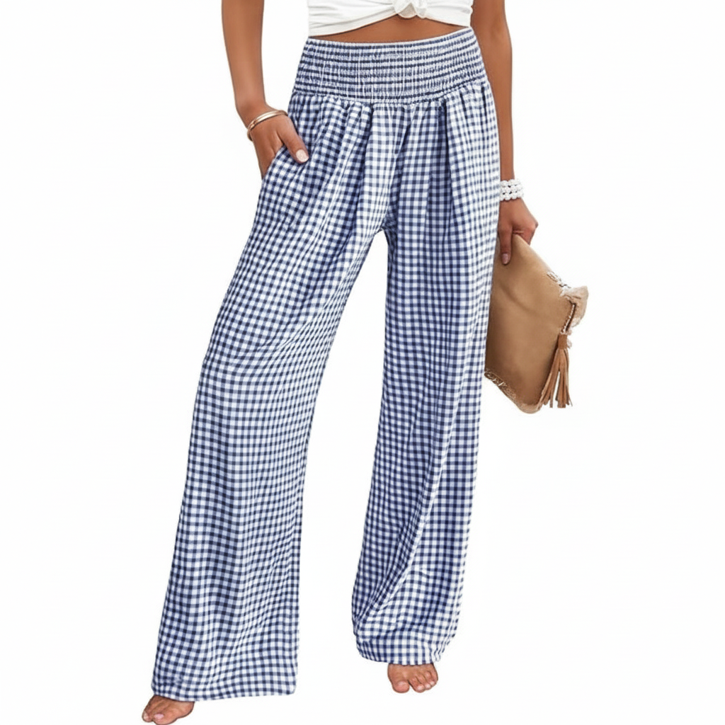 Wide Vertical Gingham Palazzo Pants For Women – styled outfit view