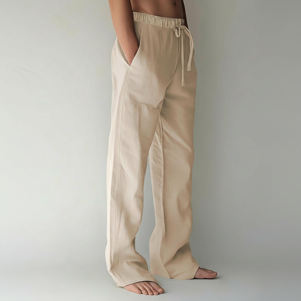 Summer Casual Loose Fit Beach Pants With Elastic Drawstring For Men – side profile view