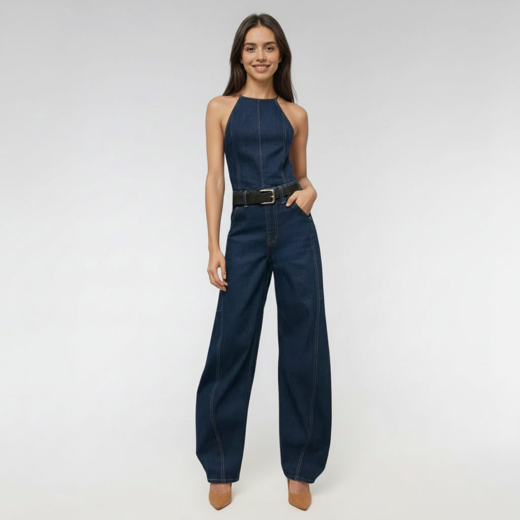 Barrel Denim Jumpsuit With Halter Tie Back For Women