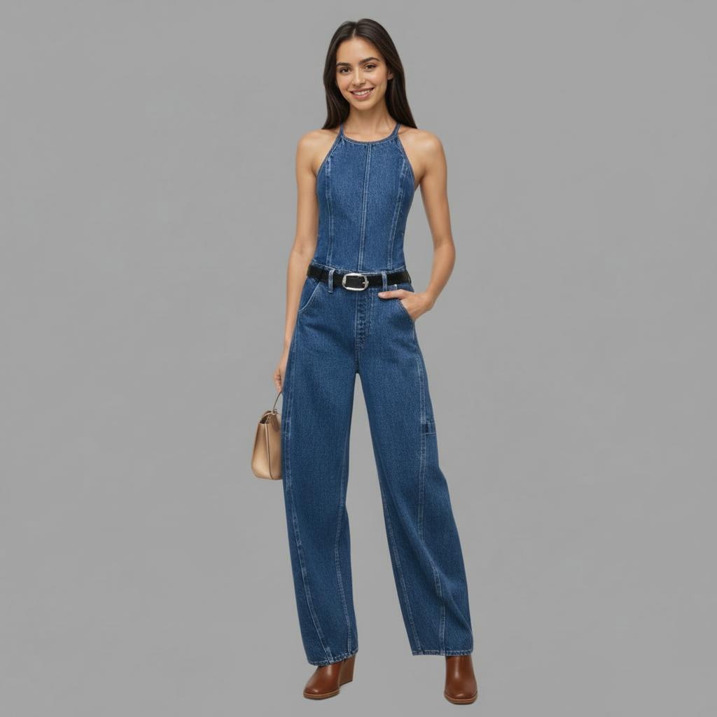 Barrel Denim Jumpsuit With Halter Tie Back For Women – full length outfit view