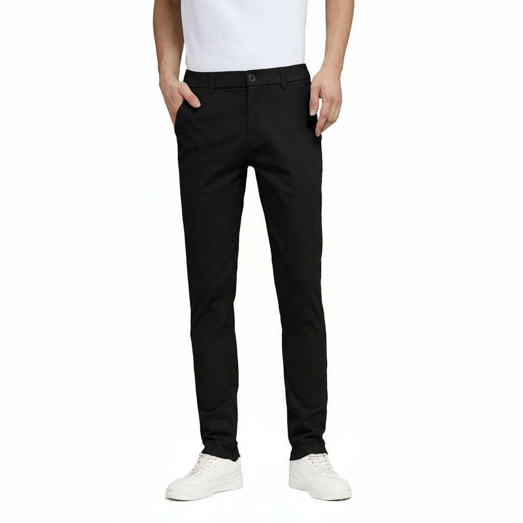 Flat Front Skinny Stretchy Slim Fit Tapered Trousers – side profile view