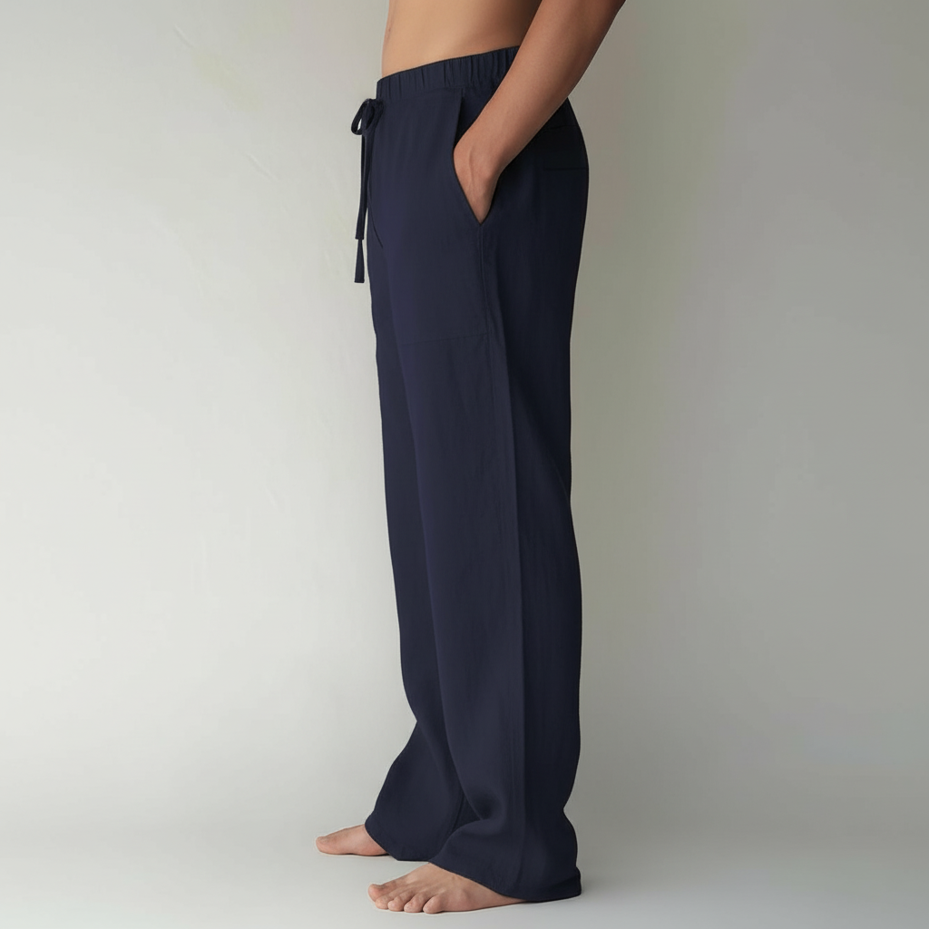 Summer Casual Loose Fit Beach Pants With Elastic Drawstring For Men – model wearing view