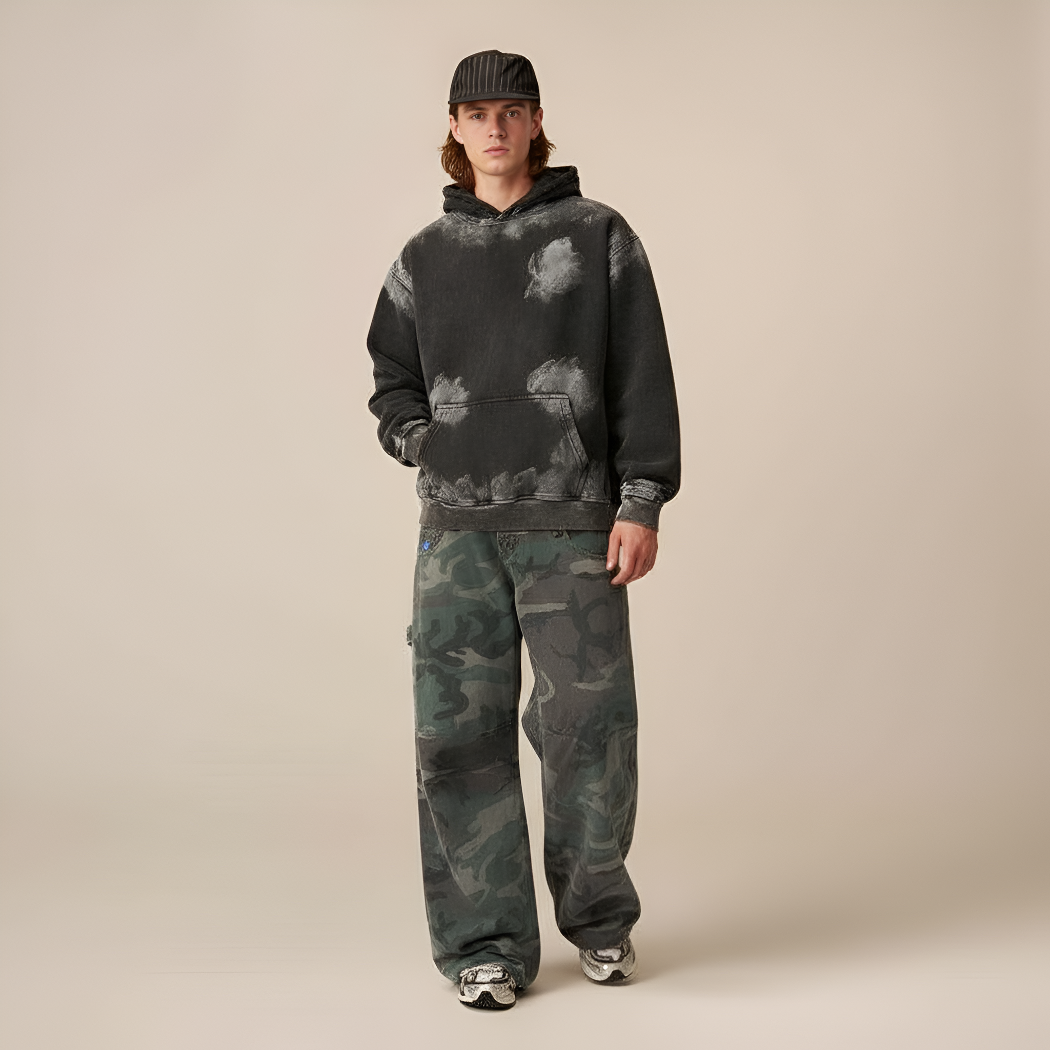 Baggy Barrel Camo Cargo Pants With Double Waistband - Trendy Streetwear – waistband detail