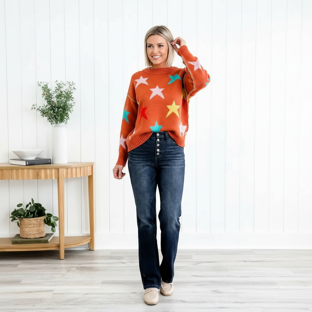 Women's Mid Rise Button Fly Bootcut Jeans – lifestyle view 12