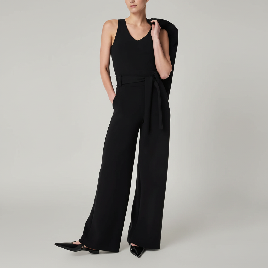 High Rise Tie Wide Lounge Pants With Front Pockets – side profile view