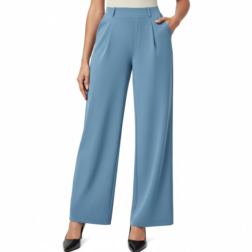 Wide And Stretchable High Waisted Business Casual Trousers With Pockets – styled outfit view