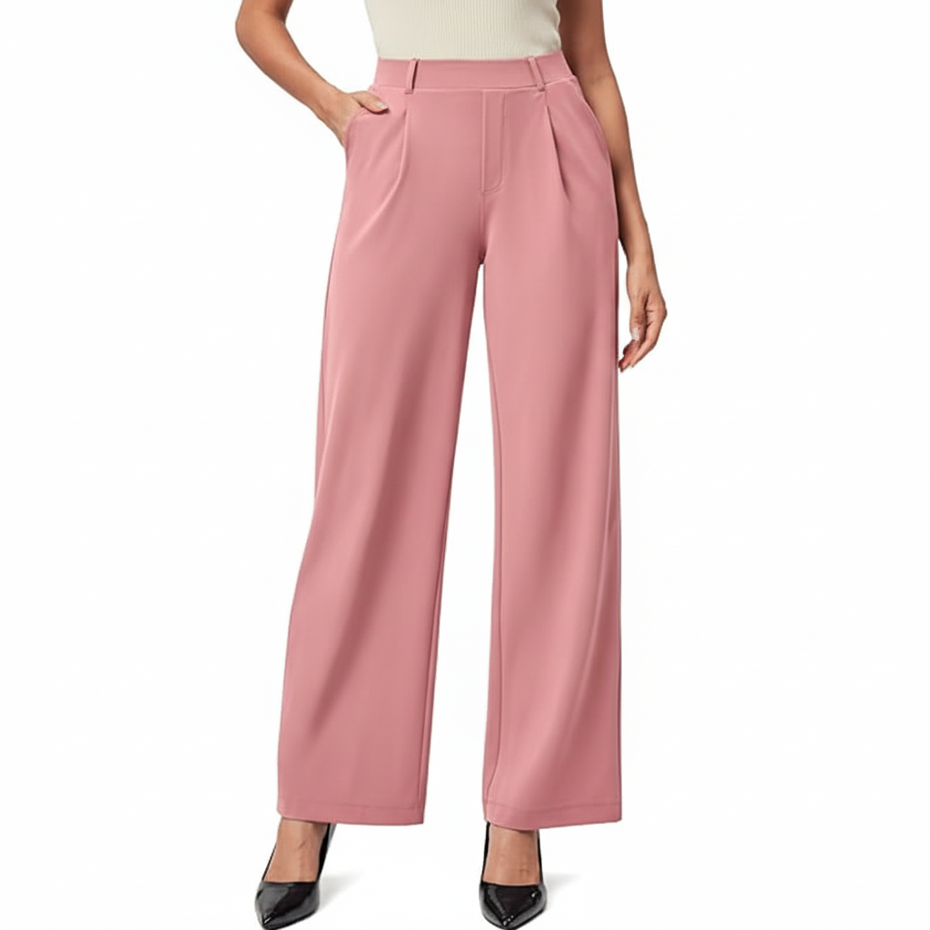 Wide And Stretchable High Waisted Business Casual Trousers With Pockets – fit and style view