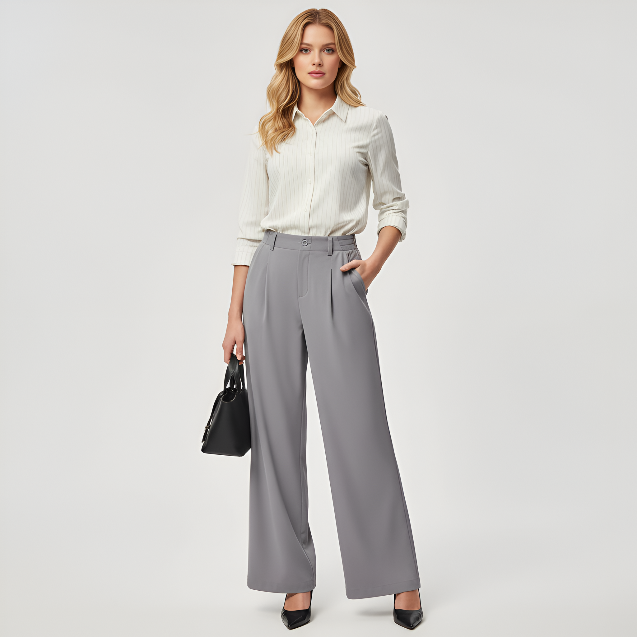 Casual And Comfortable Wide Fit Stretchy Work Pants For Women  – full length outfit view