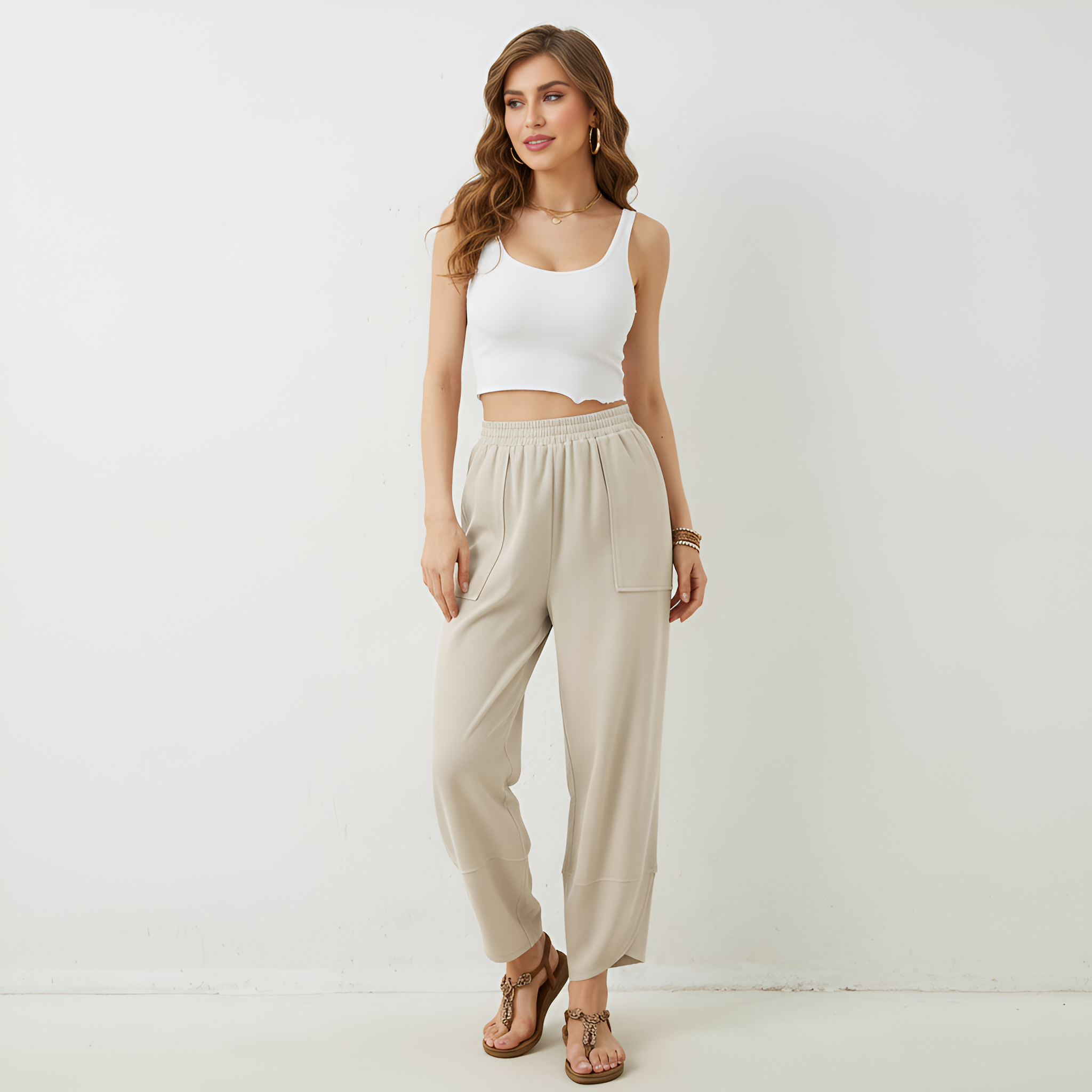 Baggy Wide Fit Casual Palazzo Harem Pants With Pockets For Women – full length outfit view