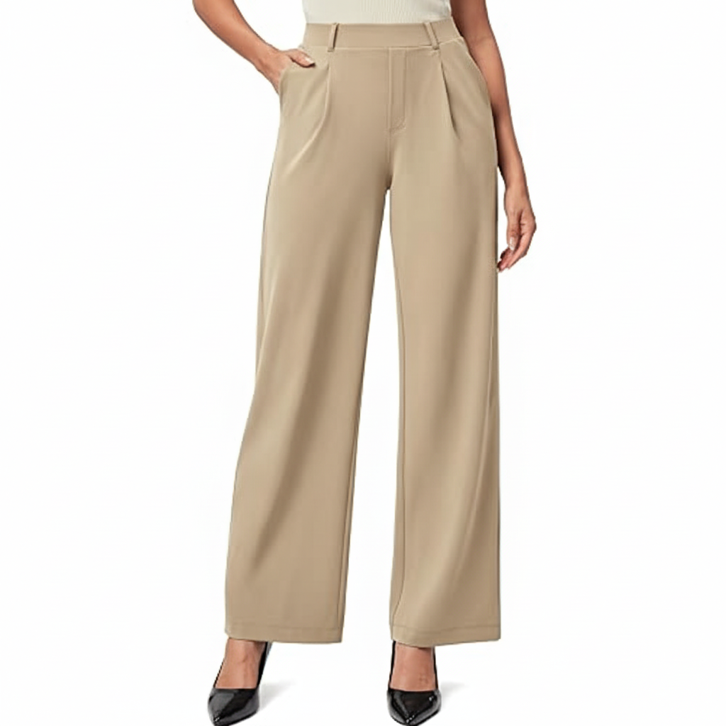 Wide And Stretchable High Waisted Business Casual Trousers With Pockets – full length outfit view