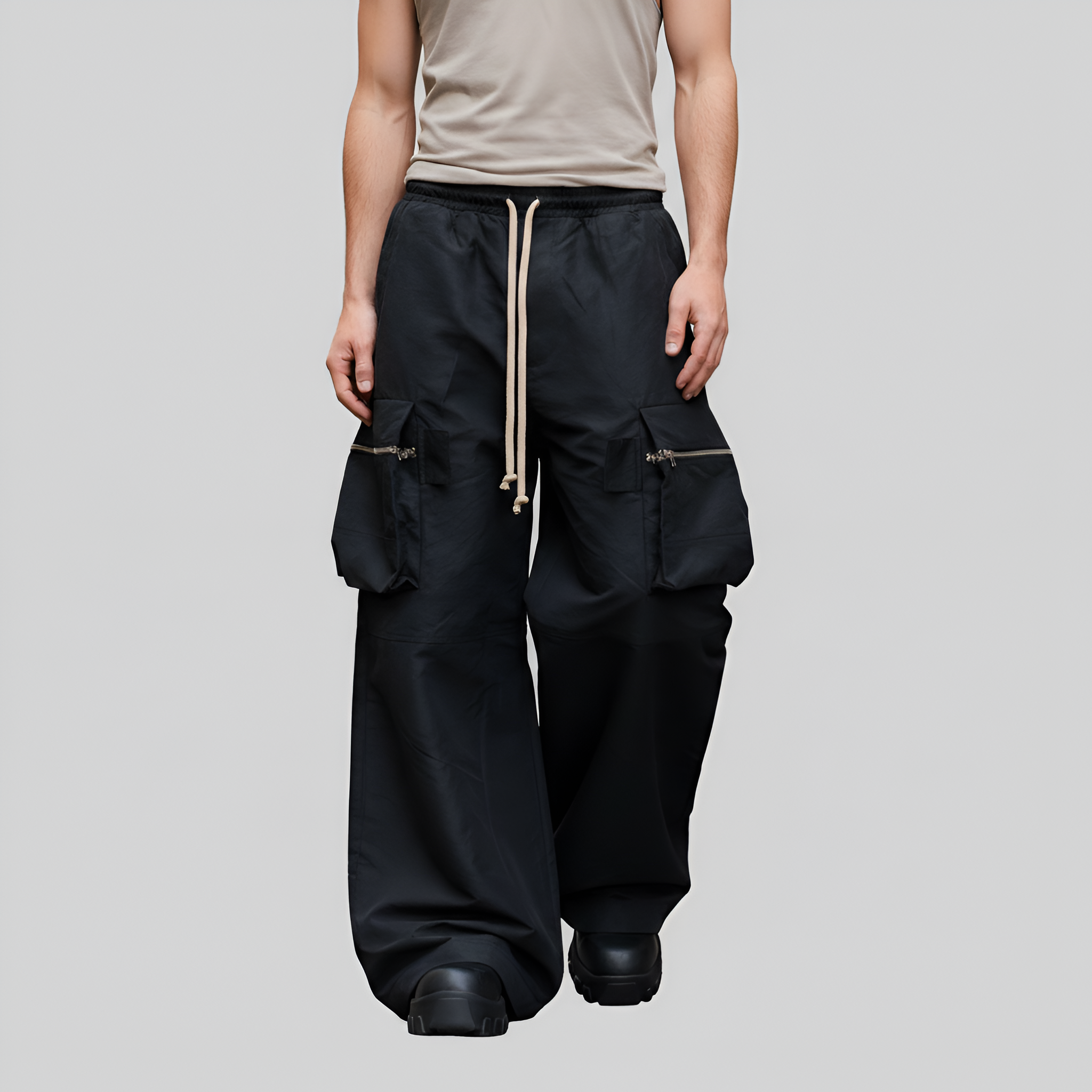 Men's Utility Zip Cargo Pocket Festival Rave Pants - Trendy Streetwear S – side profile view