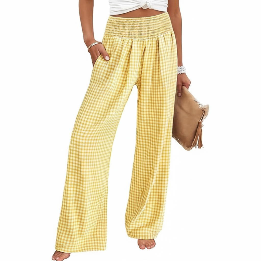 Wide Vertical Gingham Palazzo Pants For Women – fabric detail close-up