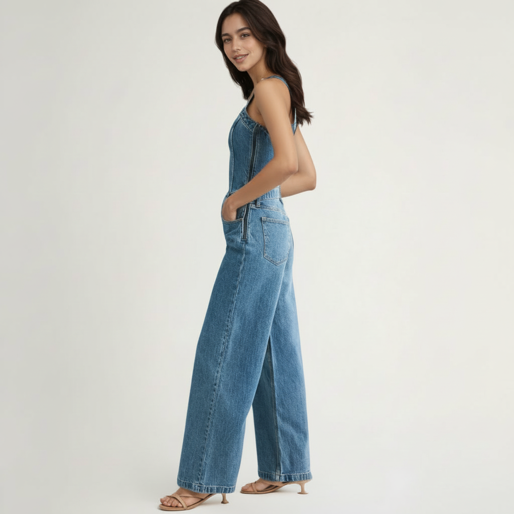 Denim Jumpsuit With Halter Tie Back For Women features a structured silhouette with a halter-style strap and adjustable tie closure at the back. The design includes a fitted bodice and straight full-length cut for a streamlined appearance.