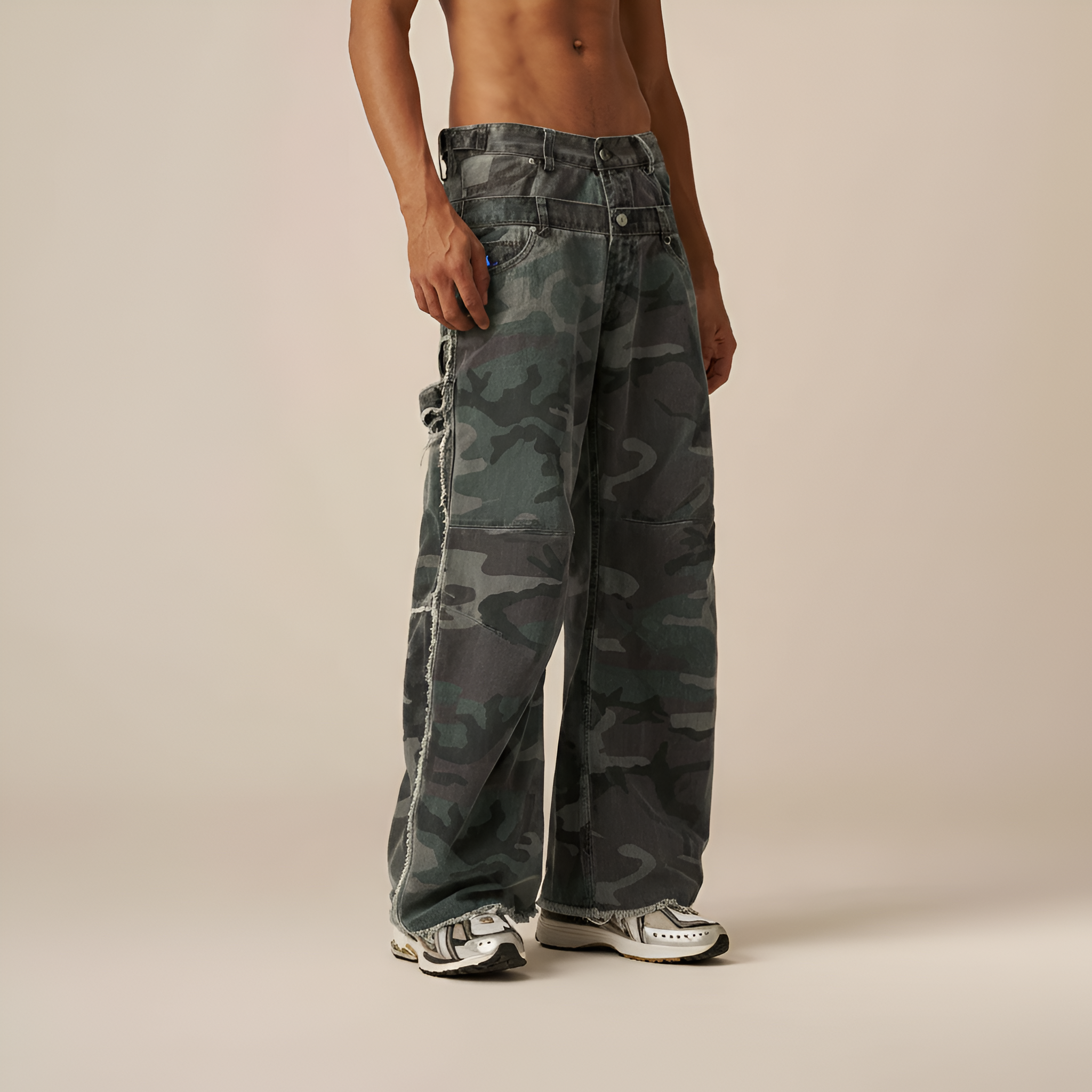 Baggy Barrel Camo Cargo Pants With Double Waistband - Trendy Streetwear – back view detail