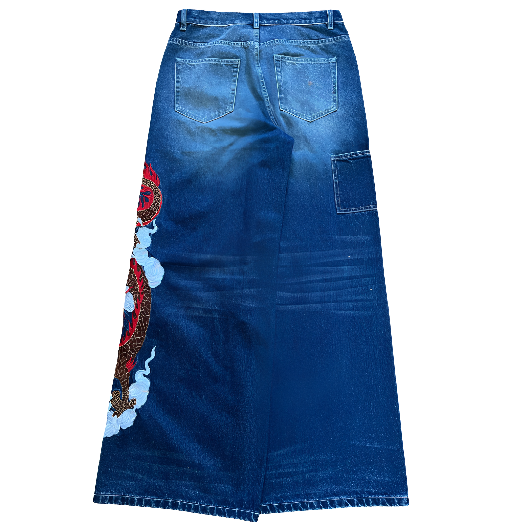 Men's Dragon Embroidered Baggy Denim Jeans With Subtle Flare – pocket detail close-up