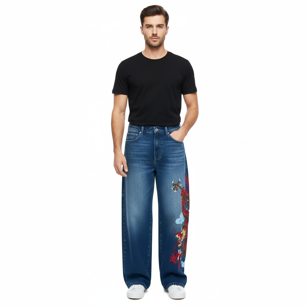 Men's Dragon Embroidered Baggy Denim Jeans With Subtle Flare – side profile view